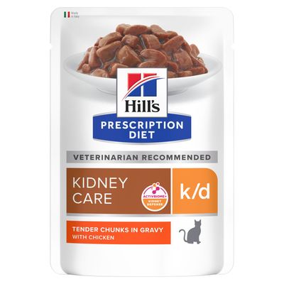 Hill's Prescription Diet Kidney Care k/d, tendres morceaux en sauce au poulet, recommandé par les vétérinaires, ActivBiome+ Kidney Defense, fabriqué en Italie.