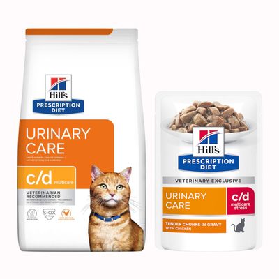 Hill's Prescription Diet c/d multicare stress per gatti, confezione con scritta 'Provami!' e testo laterale 'Salute delle vie urinarie' visibile sull'immagine.