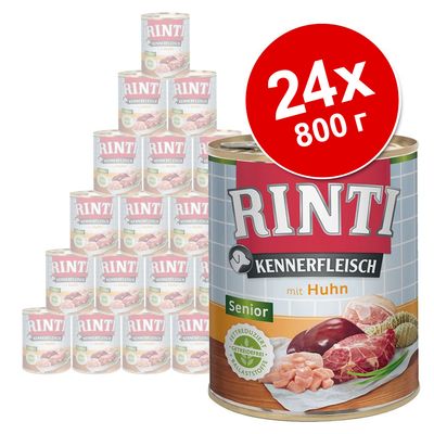 24 банки по 800 г Rinti Kennerfleisch mit Huhn Senior. На этикетке: Fettreduziert, Getreidefrei, Ballaststoffe. Изображены куски мяса и курицы.