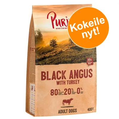 Purizon Black Angus with Turkey koiranruoka, 80 % lihaa, 20 % kasviksia, 0 % viljaa, 400 g. Teksti: Kokeile nyt! Adult Dogs. 39 % high quality protein.