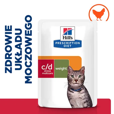 Hill's Prescription Diet c/d stress multicare weight dla kota. Zdrowie układu moczowego. Opakowanie z wizerunkiem kota i symbolem kurczaka.