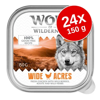 Wolf of Wilderness Wide Acres, 24x150 g, 100% grain-free recipe, pui proaspăt cu fructe de pădure, rădăcini și ierburi sălbatice. Ambalaj individual 150 g.
