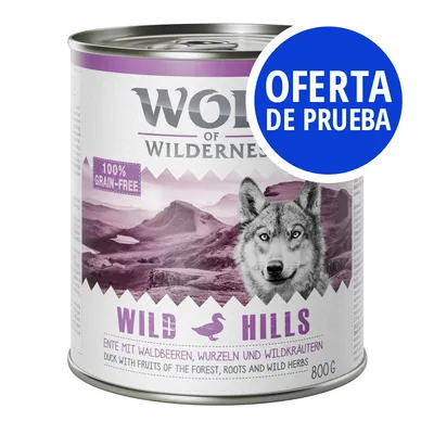 Lata de Wolf of Wilderness Wild Hills 800 g, 100% grain-free. Oferta de prueba. Ente mit Waldbeeren, Wurzeln und Wildkräutern. Duck with fruits of the forest, roots and wild herbs.