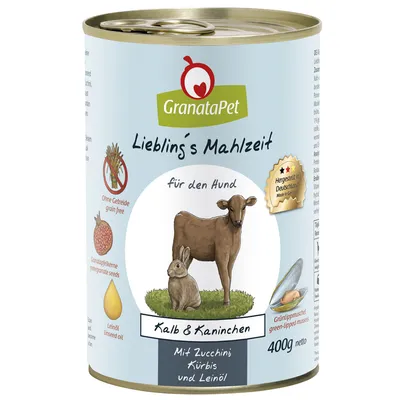 GranataPet Lieblings Mahlzeit for dogs, veal & rabbit with zucchini, pumpkin and linseed oil. Grain-free, pomegranate seeds, made in Germany, 400g net.