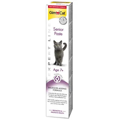 GimCat Senior Paste Expert Line, Age 7+, Balanced-Ageing Formula, geen suiker toegevoegd, ondersteunt gezonde veroudering, promoot en beschermt gezondheid. Voor katten vanaf 7 jaar.