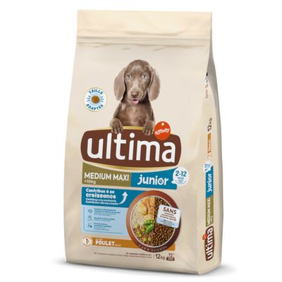 Ultima Junior Medium Maxi +10kg, chicken, for dogs aged 1-12 months. No added sugar, artificial colourings or preservatives. Ingredients: rice, cereals, vegetables. 3kg pack.