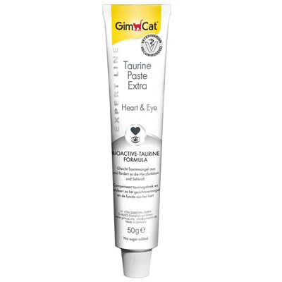 Tube GimCat Taurine Paste Extra Expert Line, Heart & Eye, Bioactive-Taurine Formula, 50 g, texte en anglais et allemand, sans sucre ajouté, recommandé par vétérinaires.