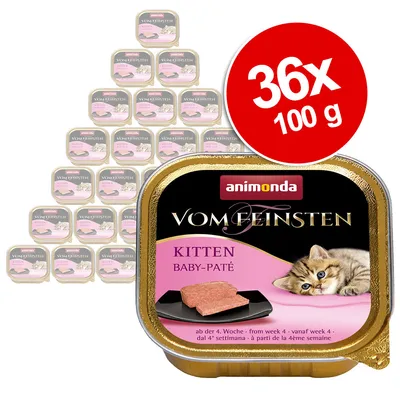 Pachet 36x100g Animonda Vom Feinsten Kitten Baby-Paté, imagine cu tăvițe individuale și etichetă vizibilă: KITTEN BABY-PATÉ, ab der 4. Woche, animonda.