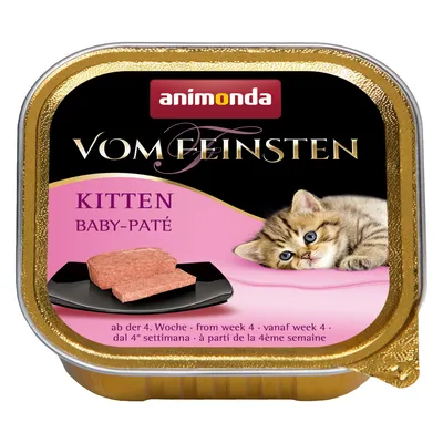 animonda Vom Feinsten Kitten Baby-Paté, vaaleanpunainen etiketti, kuva kissanpennusta ja pateesta lautasella. Teksti: from week 4 useasta kielestä. animonda Vom Feinsten Kitten Baby-Paté, vaaleanpunainen etiketti, kuva kissanpennusta ja pateesta lautasella. Teksti: from week 4 useasta kielestä.