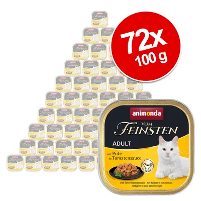 Animonda Vom Feinsten Adult mit Pute in Tomatensauce, 72x100g. Nassfutter für Katzen, abgebildet sind Verpackungen und Produktdetails.