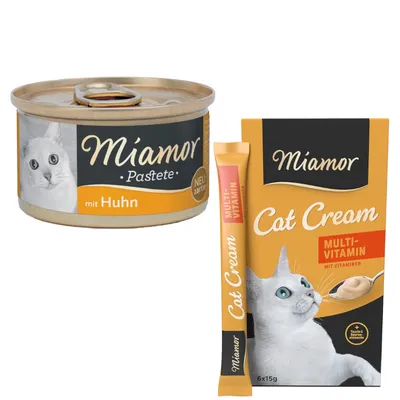 Miamor Kombi-Paket: 12 x 85 g Pastete + 12 x 15 g Multi-Vitamin Cream Snacks - Pastete mit Huhn + Snack Multi-Vitamin Cream