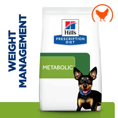 Bag labelled Hill's Prescription Diet Metabolic with weight management text and chicken icon, indicating food for managing weight with chicken as an ingredient.
