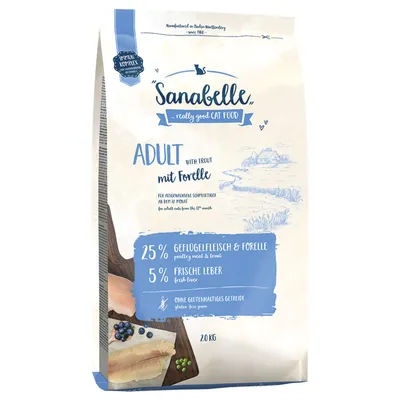 Sanabelle Adult с форелью, 25% мясо птицы и форель, 5% свежая печень, без злаков с глютеном, для взрослых кошек от 12 месяцев, 20 кг.