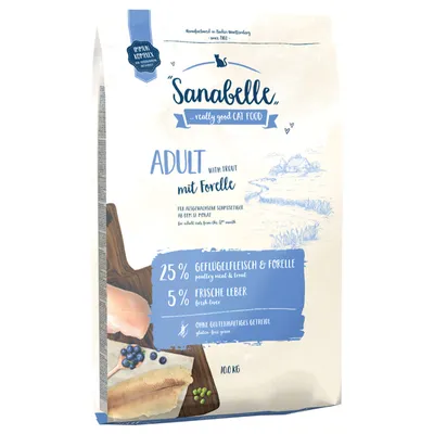 Sanabelle Adult с форелью, 25% мясо птицы и форель, 5% свежая печень, без злаков с глютеном, для взрослых кошек от 12 месяцев, 10 кг.