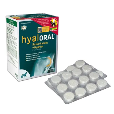 Cutie hyalORAL Razas Grandes y Gigantes, 120 comprimate. Text vizibil: regeneración del cartílago hialino, lubricación articular, procesos inflamatorios, fortalecimiento de tendones y ligamentos.