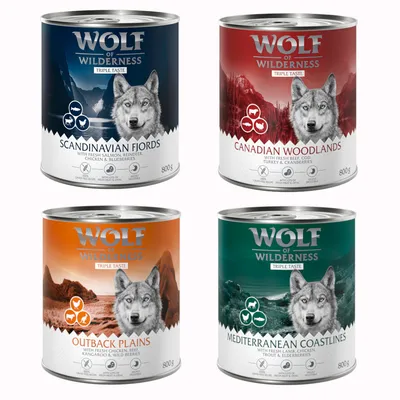 Sparpaket Wolf of Wilderness "Triple Taste" 24 x 800 g - Mix (Mediterranean, Scandinavia, Canada, Outback)