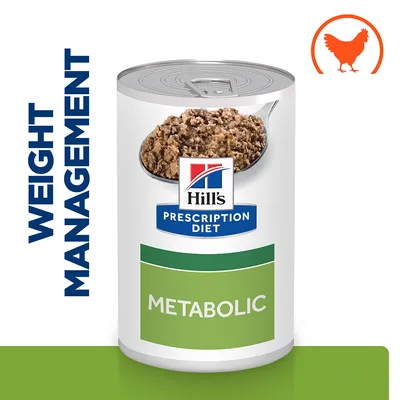 Canned food labelled Prescription Diet Metabolic with weight management text and an orange chicken icon, indicating a product for metabolic support and weight control.