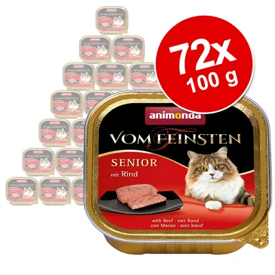 Animonda Vom Feinsten Senior mit Rind -kissan märkäruoka, 72 x 100 g annospakkausta. Pakkauksessa kuva kissasta ja lihapaloista, teksti: with Beef, met Rund, con Manzo, avec boeuf.