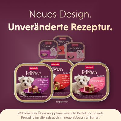 Animonda vom Feinsten Senior 7+ mit Geflügel + Lamm, Rind + Huhn, Putenherzen. Neues Design, unveränderte Rezeptur. Bestellung kann altes und neues Design enthalten.