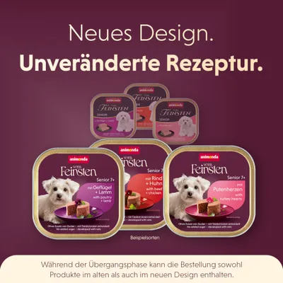 Animonda vom Feinsten Senior 7+ mit Geflügel + Lamm, Rind + Huhn, Putenherzen. Neues Design, unveränderte Rezeptur. Bestellung kann altes und neues Design enthalten.