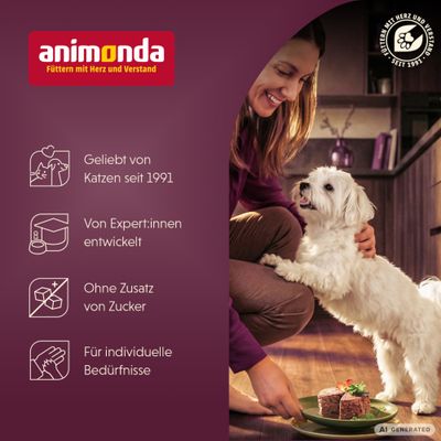 animonda. Füttern mit Herz und Verstand. Geliebt von Katzen seit 1991, von Expert:innen entwickelt, ohne Zusatz von Zucker, für individuelle Bedürfnisse.