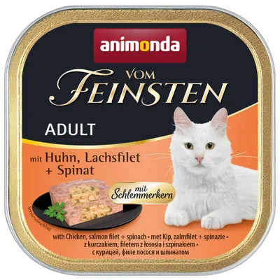 Animonda Vom Feinsten Adult Katzenfutter mit Huhn, Lachsfilet und Spinat. Mit Schlemmerkern. Serviervorschlag abgebildet.
