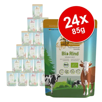 Catz Finefood Bio nötkött, monoprotein, Made in Germany, ekologiskt certifikat, förpackning med 24x85g. Utan socker, 94% köttandel.