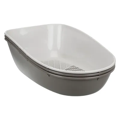Cat litter box made of plastic with sieve insert, oval design, colours white and grey.