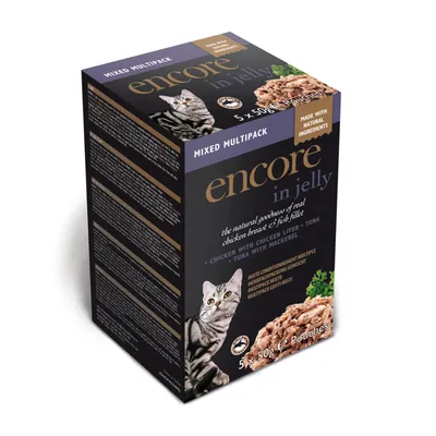 Encore in jelly mixed multipack kattenvoer, 5 x 50g. Smaken: kip met kippenlever, tonijn, tonijn met makreel. Gemaakt met natuurlijke ingrediënten. Afbeelding van kat en voer zichtbaar. Encore in jelly mixed multipack kattenvoer, 5 x 50g. Smaken: kip met kippenlever, tonijn, tonijn met makreel. Gemaakt met natuurlijke ingrediënten. Afbeelding van kat en voer zichtbaar.