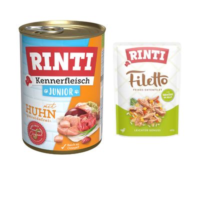 Rinti Kennerfleisch med kylling, kornfri. Billede af kødstykker og mærket 'Rinti seit 1983 Original'.