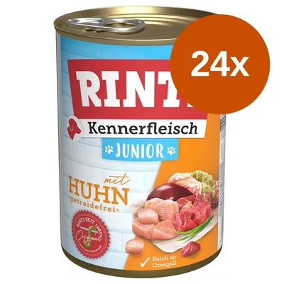 Rinti Kennerfleisch Junior mit Huhn, bezbożowa karma mokra dla szczeniąt, 24x. Widoczne kawałki mięsa, napis: Reich an Omega3.