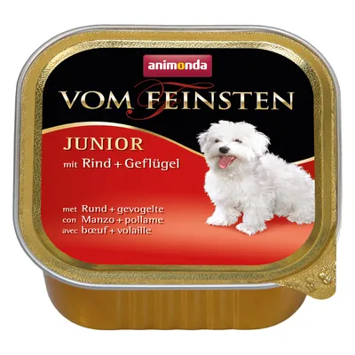 animonda Vom Feinsten Junior mit Rind + Geflügel, opakowanie z wizerunkiem białego psa. Tekst: Rund + gevogelte, Manzo + pollame, bœuf + volaille.