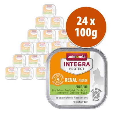 Animonda Integra Protect Renal Pute Pur, pack de 24 tarrinas de 100 g. Texto visible: bajo en fósforo, sin cereales, dieta veterinaria, pavo puro, para insuficiencia renal.