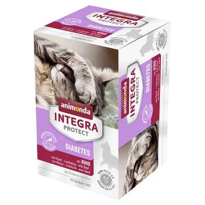 Boîte Animonda Integra Protect Diabetes pour chats, avec bœuf. Mentions visibles : stabilise la glycémie, urinary pH 6,5–6,8, veterinary diet. Texte en allemand, anglais, italien.