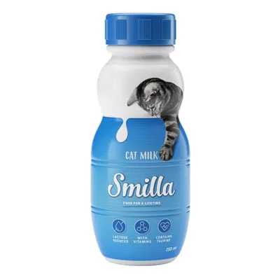 Smilla Cat Milk, sniženi laktozni sadržaj, s vitaminima i taurinom. Boca od 250 ml, prikladno za mačke. Natpis: Food for a lifetime.