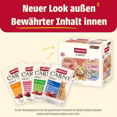 Animonda Carny Adult, Herzhafte Variation. 100% frische Zutaten, ohne Getreide, Made in Germany. Sorten: Rind + Huhn, Rind, Pute + Shrimps, Rind + Strauss, Rind + Perlhuhn. Jetzt testen!