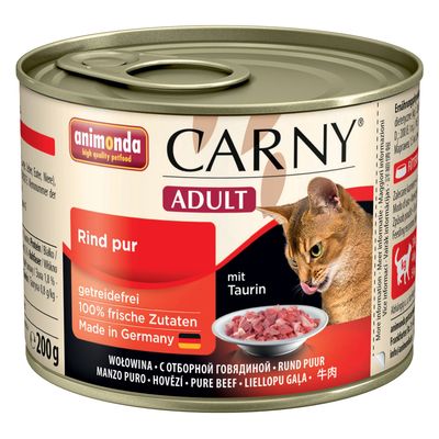 animonda CARNY ADULT Rind pur, getreidefrei, 100% frische Zutaten, Made in Germany, mit Taurin, 200g Dose, Abbildung von Fleischstücken und einer Katze.