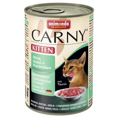 Animonda Carny Kitten Rind, Huhn + Kaninchen kissalle, 400 g. Viljaton, 100 % tuoreet ainesosat, Made in Germany, sisältää tauriinia. Kuvassa myös kissanpentu ja lihapala-astia.