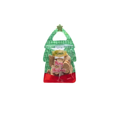 Emballage med teksten 'Dog snacks' og 'Glædelig jul', juletema, indholdet synligt som snacks. Emballage med teksten 'Dog snacks' og 'Glædelig jul', juletema, indholdet synligt som snacks.