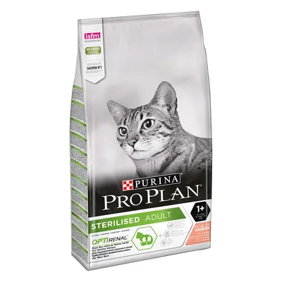 Confezione di crocchette per gatti Purina Pro Plan Sterilised Adult, Optirenal, salmone ingrediente principale, 1+ anni, ricco in salmone, testo visibile: 'no added', 'isfm'.