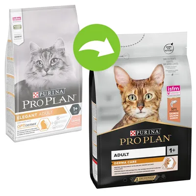 Две опаковки PURINA PRO PLAN за котки: ELEGANT ADULT 1+ с Optiderma и DERMA CARE ADULT 1+, със снимки на котки и текст за сьомга. Зелена стрелка показва промяна на опаковката. Две опаковки PURINA PRO PLAN за котки: ELEGANT ADULT 1+ с Optiderma и DERMA CARE ADULT 1+, със снимки на котки и текст за сьомга. Зелена стрелка показва промяна на опаковката.