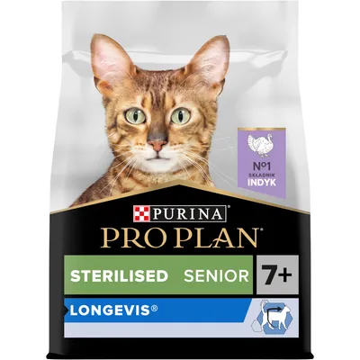Purina Pro Plan Sterilised Senior 7+ Longevis, nr 1 składnik indyk. Opakowanie z wizerunkiem kota i ikoną kota, teksty: STERILISED, SENIOR, 7+, LONGEVIS.