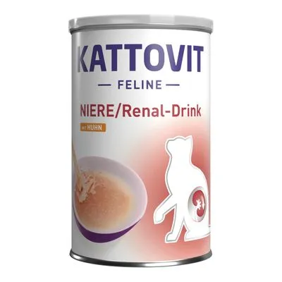 Kattovit Feline NIERE/Renal-Drink mit Huhn, blik met afbeelding van een kom vloeistof en silhouet van kat. Productnaam en tekst in het Duits en Engels zichtbaar op verpakking. Kattovit Feline NIERE/Renal-Drink mit Huhn, blik met afbeelding van een kom vloeistof en silhouet van kat. Productnaam en tekst in het Duits en Engels zichtbaar op verpakking.