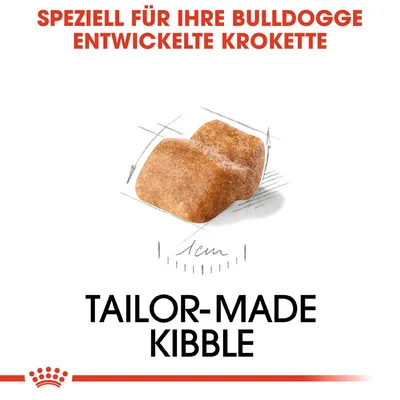 Speziell für Bulldoggen entwickelte Krokette. Tailor-made Kibble mit einzigartiger Form und Grösse.