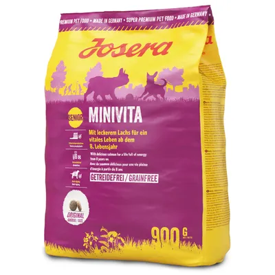 Josera Minivita Senior, 900 g. Teksti: Mit leckerem Lachs für ein vitales Leben ab dem 8. Lebensjahr, Getreidefrei/Grainfree, Original Größe/Size. Koiranruokapakkaus. Josera Minivita Senior, 900 g. Teksti: Mit leckerem Lachs für ein vitales Leben ab dem 8. Lebensjahr, Getreidefrei/Grainfree, Original Größe/Size. Koiranruokapakkaus.