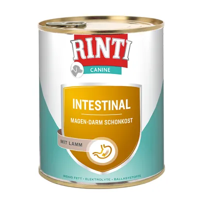 Rinti Canine Intestinal, testo visibile: Magen-Darm Schonkost, mit Lamm. Scritta in tedesco. In basso: wenig Fett, Elektrolyte, Ballaststoffe.
