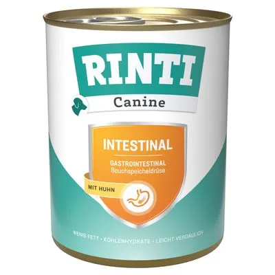 Rinti Canine Intestinal Gastrointestinal Bauchspeicheldrüse natvoer, met kip. Tekst: weinig vet, koolhydraten, licht verteerbaar.
