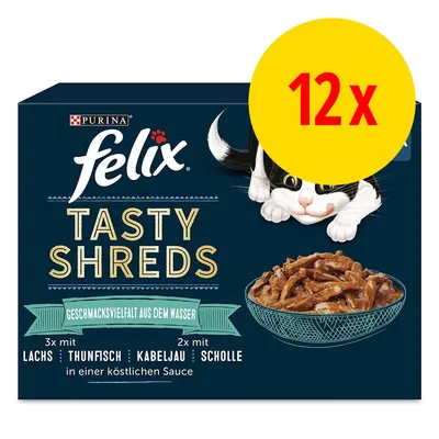 Purina Felix Tasty Shreds, Geschmacksvielfalt aus dem Wasser: 3x Lachs, Thunfisch, Kabeljau, 2x Scholle in köstlicher Sauce. Packung mit 12 Portionen.