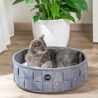 Siv mačji ležalnik s pletenim dizajnom in logotipom Cosma. Mačka leži na belem oblazinjenju.