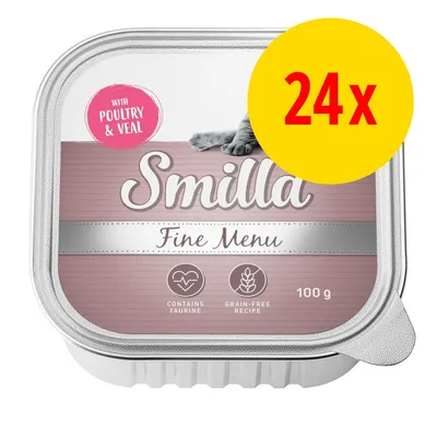 Smilla Fine Menu kattemad, 100 g bakke. Tekst: With poultry & veal, contains taurine, grain-free recipe. Gul cirkel med rød tekst: 24x.